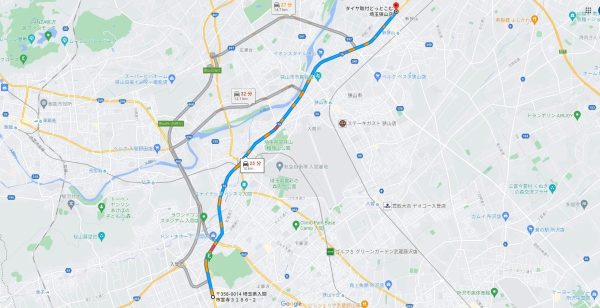 三井アウトレットパーク入間からタイヤ取付どっとこむ埼玉狭山店まで　Googlemap